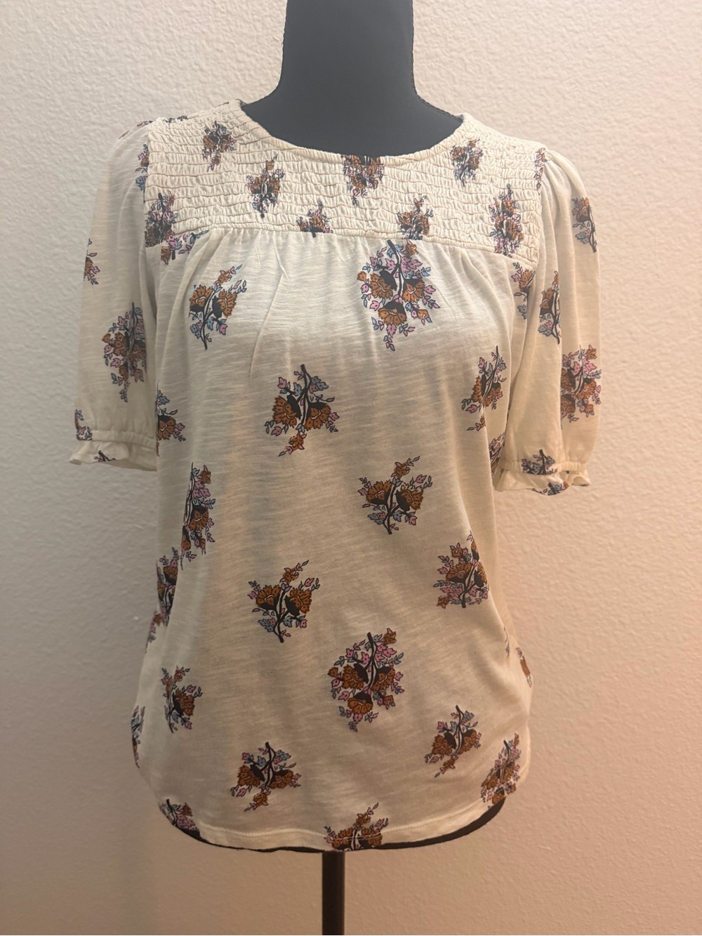 Lucky Brand Cream Floral Smocked Yoke Women's Top